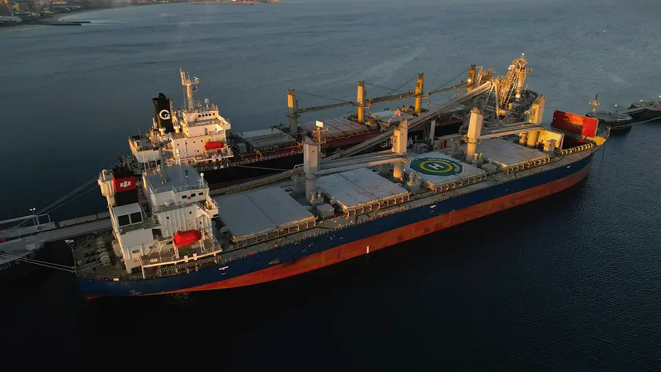 Two bulk carriers moored side by side at dusk