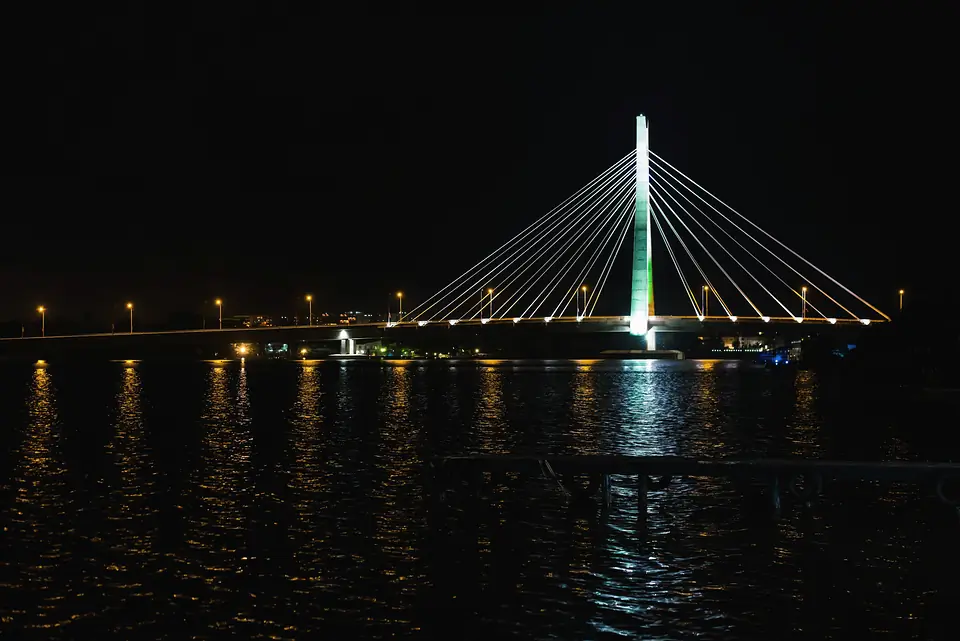 The Lekki–Ikoyi Link Bridge lit up at night over the Lagos lagoon