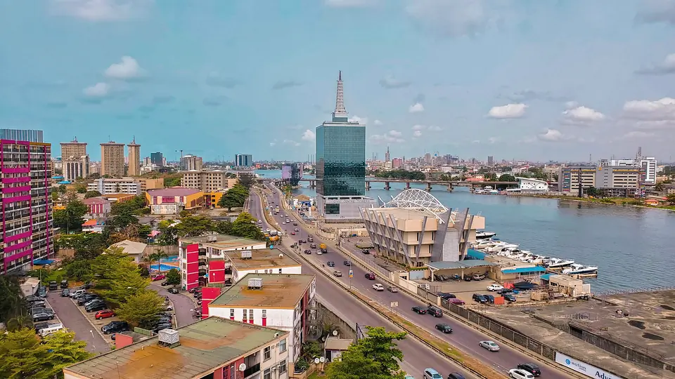 Aerial view of Lagos Marina and the lagoon on a bright day